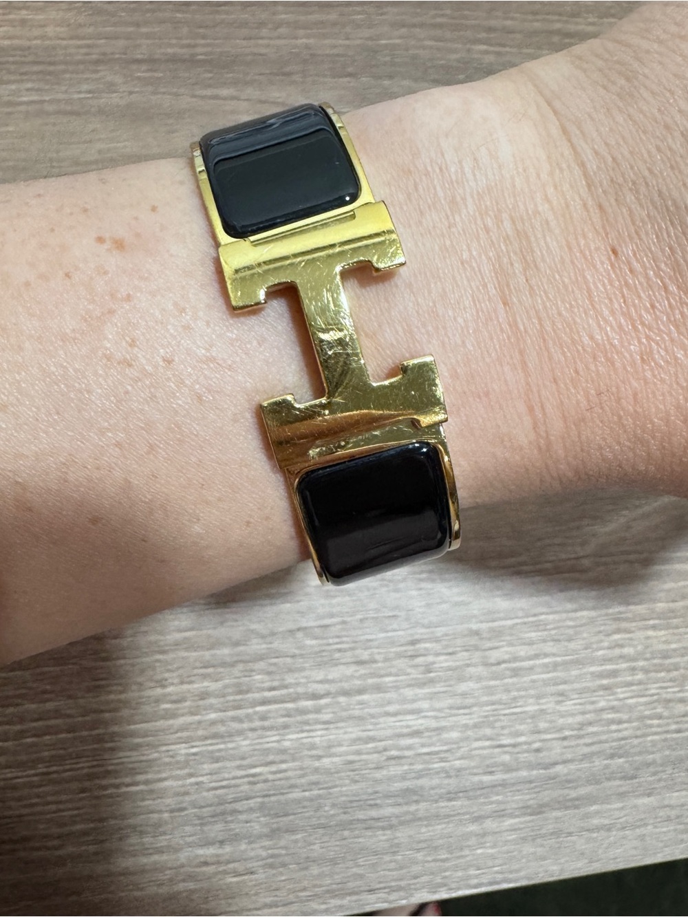 Vintage Hermes Clic Clac Tone H Bracelet Black Enamel and Gold